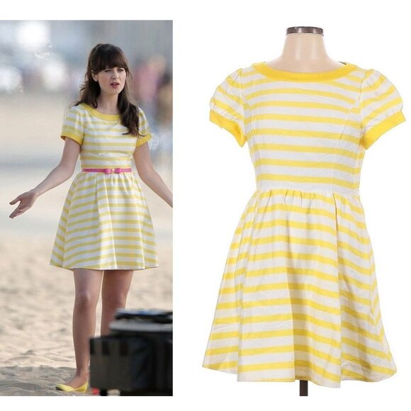 ASO ZOOEY DESCHANEL NEW GIRL Yellow Stripe Dress 3(8) ECU - Picture 1 of 5